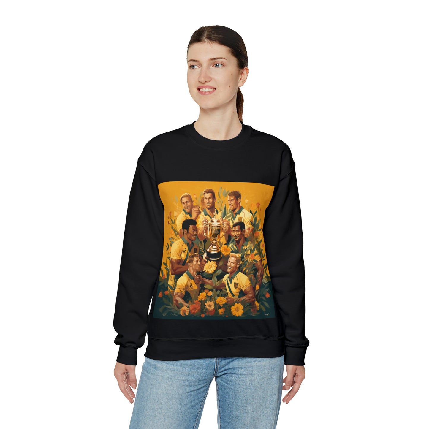 Australia celebrating with RWC - black sweatshirt