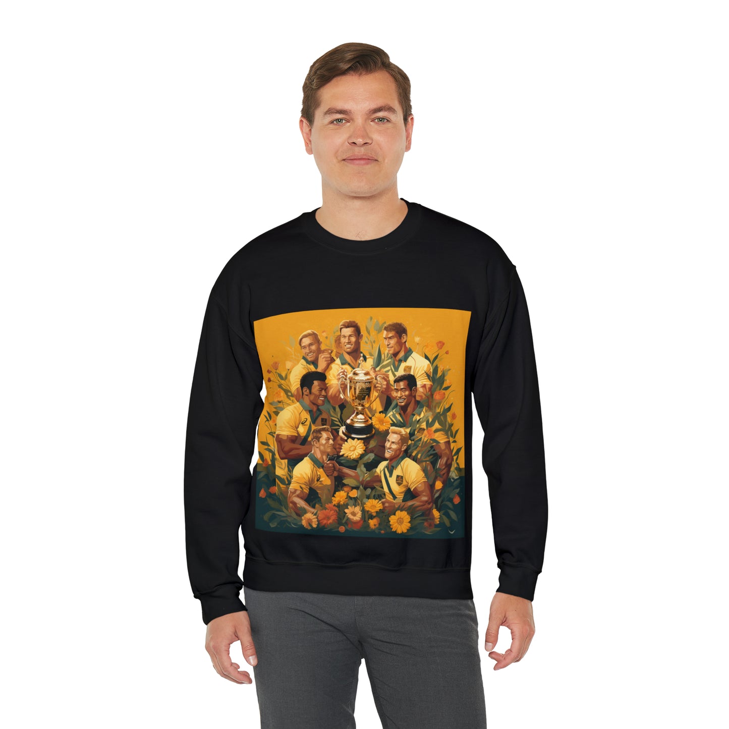 Australia celebrating with RWC - black sweatshirt
