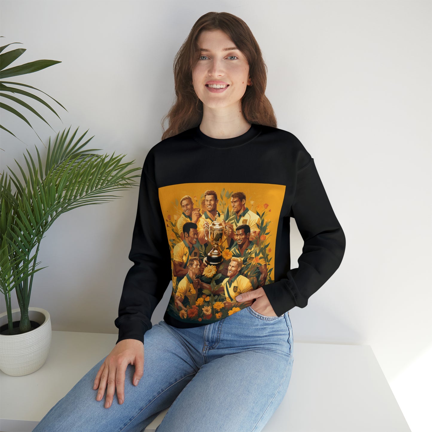 Australia celebrating with RWC - black sweatshirt